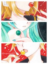 Rule 34 | 1boy, 2girls, aqua hair, aqua nails, bare shoulders, black background, blonde hair, candy, close-up, commentary, english commentary, food, hatsune miku, headphones, headset, highres, kagamine len, kagamine rin, lollipop, long hair, multiple girls, nail polish, open mouth, parted lips, red background, riono, short hair, twitter username, vocaloid, yellow nails