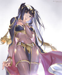 Rule 34 | 1girl, 2017, arm at side, arm between breasts, between breasts, between legs, black eyes, black hair, black nails, blunt bangs, bodysuit, bracelet, breasts, bridal gauntlets, cape, covered navel, cowboy shot, crop top, dated, emmmerald, eyelashes, finger to mouth, fire emblem, fire emblem awakening, from below, gradient background, headdress, jewelry, light particles, long hair, looking at viewer, looking down, nail polish, nintendo, parted lips, pelvic curtain, ring, see-through, solo, tassel, teeth, tharja (fire emblem), thigh strap, thighlet, twitter username, two side up, very long hair