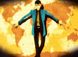 Rule 34 | 1boy, arsene lupin iii, black hair, faddawdle, formal, gradient background, green jacket, jacket, lupin iii, male focus, map, necktie, sideburns, solo, suit, tms entertainment, yellow necktie