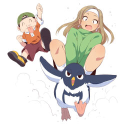 Rule 34 | 1boy, 1girl, animal, backwards hat, baseball cap, bird, brown shorts, closed eyes, closed mouth, collared shirt, copyright request, dark-skinned female, dark skin, green headwear, green shirt, hat, headband, long sleeves, open mouth, orange shirt, penguin, polo shirt, shirt, shoe soles, shoes, short sleeves, shorts, simple background, socks, tongue, tongue out, uccow, white background, white headband, white socks, yellow footwear