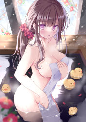 Rule 34 | 1girl, bath, blurry, blush, breasts, brown hair, collarbone, covering privates, depth of field, flower, hair ornament, hair scrunchie, hand up, hoshino koucha, long hair, looking at viewer, medium breasts, nude, nude cover, ofuro, onsen, original, parted lips, petals, ponytail, purple eyes, rubber duck, scrunchie, sidelocks, snowing, solo, standing, steam, towel, wading, water, wet, white towel