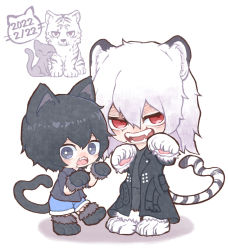 Rule 34 | 2boys, aged down, animal, animal ears, animal hands, black hair, black jacket, black shirt, blue shorts, boku no hero academia, cat, cat boy, cat day, cat ears, cat tail, chibi, child, commentary request, dated, dual persona, fangs, full body, gloves, grey eyes, grey hair, hair between eyes, hands up, highres, inukai (inuuowoukai), jacket, kemonomimi mode, long hair, looking at viewer, male focus, mole, mole under mouth, multiple boys, open mouth, paw gloves, paw pose, paw shoes, red eyes, scar, scar across eye, scar on face, shigaraki tomura, shirt, short hair, short sleeves, shorts, simple background, standing, tail, tiger, tiger boy, tiger ears, tiger tail, time paradox, white background, white tiger