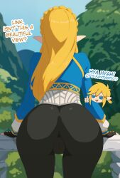 Rule 34 | 1girl, absurdres, ai-assisted, ass, black pants, blonde hair, blue shirt, braid, cameltoe, cleft of venus, cowboy shot, crown braid, day, english text, fingerless gloves, from behind, gloves, guilegaze, highres, leaning forward, link, long hair, long sleeves, nintendo, outdoors, pants, pointy ears, princess zelda, shirt, the legend of zelda, the legend of zelda: breath of the wild, tree