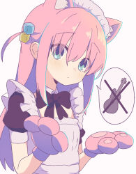 Rule 34 | 1girl, alternate costume, animal ear fluff, animal hands, apron, black bow, black bowtie, blue eyes, blush, bocchi the rock!, bow, bowtie, cat paws, closed mouth, commentary, cube hair ornament, detached collar, enmaided, eyes visible through hair, gloves, gotoh hitori, gozouroppu nana, hair ornament, hair over eyes, highres, kemonomimi mode, long hair, maid, maid apron, maid headdress, one side up, paw gloves, pink hair, puffy short sleeves, puffy sleeves, short sleeves, simple background, solo, spoken object, upper body, white background