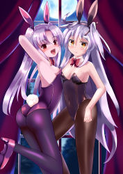 Rule 34 | 2girls, :d, animal ears, armpits, ass, black legwear, blush, bow, bowtie, breasts, brown eyes, brown legwear, covered navel, detached collar, eden (sennen sensou aigis), fake animal ears, fran (sennen sensou aigis), full moon, hand up, highres, indoors, kan ten, leotard, long hair, moon, multiple girls, night, night sky, open mouth, pantyhose, playboy bunny, purple hair, rabbit ears, red bow, sennen sensou aigis, silver hair, sky, small breasts, smile, standing, standing on one leg, very long hair, window
