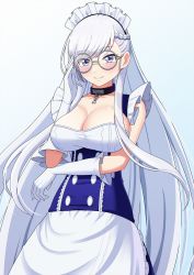 Rule 34 | 1girl, adjusting eyewear, azur lane, belfast (azur lane), bespectacled, black choker, blue background, blue corset, blue eyes, blush, breasts, chain, choker, cleavage, collarbone, commentary request, corset, dress, glasses, gloves, highres, large breasts, lemon kele, looking at viewer, maid, maid headdress, round eyewear, silver hair, smile, solo, white dress, white gloves