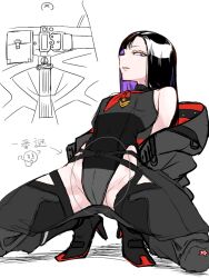 Rule 34 | 1girl, black hair, black jacket, black leotard, black thighhighs, collared leotard, colored inner hair, crotch, crotch focus, eunhwa (nikke), forehead, goddess of victory: nikke, high heels, hood, hooded jacket, imao kita, jacket, leotard, long hair, looking at viewer, mole, mole under mouth, multicolored hair, neckerchief, parted bangs, parted lips, purple eyes, purple hair, red neckerchief, simple background, solo, spread legs, squatting, thighhighs, two-sided fabric, two-sided jacket, white background