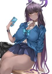 Rule 34 | 1girl, bag, black bag, blue archive, blue skirt, blush, breasts, cellphone, closed mouth, collared shirt, commentary request, dark-skinned female, dark skin, halo, highres, holding, holding phone, indoors, karin (blue archive), large breasts, long hair, long sleeves, looking at viewer, mutou mame, phone, purple hair, shirt, shirt tucked in, shoulder bag, simple background, sitting, skirt, smartphone, solo, thighs, white background, white shirt, yellow eyes