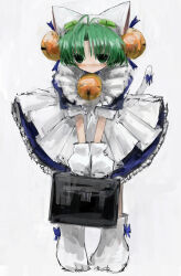 1girl absurdres bell briefcase closed_mouth dejiko di_gi_charat dress full_body green_eyes green_hair hair_bell hair_ornament hairo_(r228n) highres holding holding_briefcase jingle_bell looking_at_viewer neck_bell short_hair short_sleeves solo tail