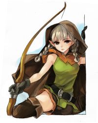 Rule 34 | 1girl, amado (shin), bad id, bad pixiv id, bare shoulders, belt, boots, bow (weapon), braid, brown eyes, cape, dragon&#039;s crown, elf (dragon&#039;s crown), gloves, hood, pointy ears, shorts, solo, thigh boots, thighhighs, twin braids, weapon