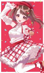 Rule 34 | 1girl, :d, ahoge, apple hair ornament, blush, border, brown eyes, brown hair, dress, food-themed hair ornament, hair ornament, highres, inuki matoi, kagayaki stars, long sleeves, looking at viewer, misumi (macaroni), open mouth, pantyhose, petals, plaid, plaid dress, red background, red footwear, smile, solo, twintails, virtual youtuber, white border, white dress, white pantyhose
