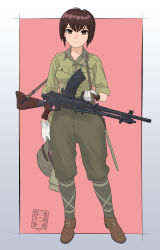 Rule 34 | 1girl, ankle boots, ankle wrap, bayonet, boots, brown eyes, frown, full body, gloves, gun, gun sling, hat, highres, holding, holding clothes, holding hat, imperial japanese army, japan, machine gun, md5 mismatch, military, military uniform, original, pink background, resolution mismatch, serious, short hair, signature, simple background, sino, sino (mechanized gallery), soldier, solo, source smaller, type 96, uniform, unworn hat, unworn headwear, weapon, white gloves, world war ii