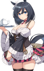 Rule 34 | 1girl, absurdres, animal ears, bare shoulders, black hair, blue eyes, breasts, choker, cleavage, cowboy shot, detached sleeves, eishin flash (umamusume), hair between eyes, highres, holding, holding tray, horse girl, juliet sleeves, long sleeves, looking at viewer, medium breasts, parted lips, petticoat, puffy sleeves, short hair, simple background, skirt, solo, standing, striped clothes, striped skirt, suiroh (shideoukami), teapot, thighs, tray, umamusume, vertical-striped clothes, vertical-striped skirt, white background, wide sleeves