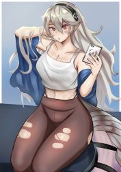 Rule 34 | 1girl, absurdres, black pants, blonde hair, breasts, cellphone, cleavage, collarbone, corrin (female) (fire emblem), corrin (fire emblem), crop top, fire emblem, fire emblem fates, fire emblem heroes, hairband, highres, holding, holding phone, large breasts, looking at viewer, navel, nintendo, pants, parted lips, phone, pointy ears, red eyes, sitting, smartphone, solo, torn clothes, torn pants, yoga pants, zet (twt zet)