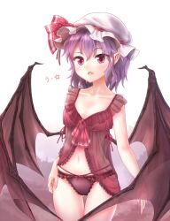 Rule 34 | 1girl, babydoll, bad id, bad pixiv id, bat wings, black panties, blush, collarbone, cowboy shot, demon wings, fang, hand on own hip, hat, hat ribbon, lingerie, minust, mob cap, nail polish, navel, negligee, open mouth, panties, purple hair, red eyes, remilia scarlet, ribbon, see-through, short hair, simple background, slit pupils, solo, standing, touhou, underwear, underwear only, wings