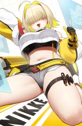 Rule 34 | 1girl, :d, absurdres, ahoge, black gloves, black sports bra, blonde hair, blush, breasts, clothing cutout, crop top, crop top overhang, cropped sweater, elegg (nikke), exposed pocket, gloves, goddess of victory: nikke, grey shorts, hair intakes, hair over eyes, highres, kurofuti, large breasts, long bangs, long sleeves, micro shorts, multicolored clothes, multicolored gloves, multicolored hair, navel, open mouth, short hair, shorts, shoulder cutout, smile, solo, sports bra, suspender shorts, suspenders, thigh strap, thighs, thumbs up, two-tone hair, yellow gloves