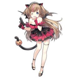 Rule 34 | 1girl, ;d, animal ears, bat wings, black bra, blue eyes, bra, breasts, brown hair, cat ears, cat tail, cleavage, dress, earrings, full body, girls&#039; frontline, gloves, gun, h&amp;k mark 23, halloween, handgun, heart, heart earrings, heckler &amp; koch, holding, holding gun, holding weapon, jewelry, lace, lace-trimmed bra, lace trim, large breasts, long hair, looking at viewer, mk23 (girls&#039; frontline), mk23 (impish sweetheart) (girls&#039; frontline), multicolored hair, official alternate costume, official art, one eye closed, open mouth, pink hair, sandals, sheska xue, skirt, smile, solo, streaked hair, tail, thighlet, tiara, toes, transparent background, underwear, weapon, wings