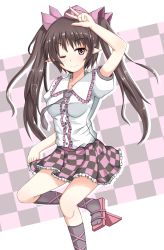 Rule 34 | 1girl, bad id, bad pixiv id, bow, brown hair, checkered background, checkered clothes, checkered skirt, female focus, geta, hair bow, hat, highres, himekaidou hatate, nowheresoul, one eye closed, pointy ears, purple eyes, skirt, solo, tokin hat, touhou, twintails, wink