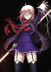 Rule 34 | 1girl, ahoge, artoria pendragon (fate), bad id, bad pixiv id, black thighhighs, cloak, fate/grand order, fate (series), garter straps, glasses, highres, holding, hood, hooded cloak, kakekcaboel, looking at viewer, mysterious heroine x alter (fate), mysterious heroine x alter (first ascension) (fate), pleated skirt, scarf, school uniform, serafuku, silver hair, simple background, skirt, smile, solo, thighhighs, weapon, yellow eyes