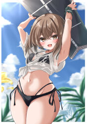 Rule 34 | 1girl, adapted object, bikini, black bikini, black scrunchie, blue sky, breasts, brown eyes, brown hair, cloud, commentary request, cowboy shot, day, flight deck, hair between eyes, highres, kantai collection, kasashi (kasasi008), looking at viewer, multi-strapped bikini bottom, navel, outdoors, plant, scrunchie, see-through clothes, see-through shirt, shirt, short hair, side-tie bikini bottom, sky, small breasts, smile, solo, surfboard, swimsuit, taihou (kancolle), tied shirt, wet, wet clothes, wet shirt, white shirt, wide hips, wrist scrunchie