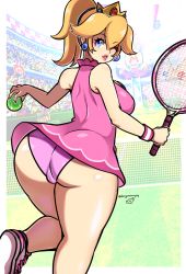 Rule 34 | 1girl, ass, ball, blonde hair, blue eyes, breasts, cameltoe, commission, crowd, d-ryuu, earrings, from behind, jewelry, large breasts, lipstick, looking at viewer, looking back, makeup, mario (series), mario tennis, mario tennis aces, nintendo, official alternate costume, one eye closed, outdoors, panties, parted lips, pink panties, ponytail, princess peach, racket, red lips, skirt, smile, solo, tennis ball, tennis court, tennis racket, underwear, upskirt, wink, wristband