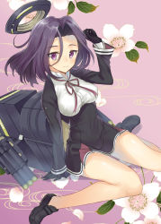 Rule 34 | 10s, 1girl, bad id, bad pixiv id, bare legs, blush, breasts, flower, gloves, halo, hayama eishi, kantai collection, large breasts, loafers, looking at viewer, mechanical halo, no socks, personification, purple eyes, purple hair, school uniform, shoes, short hair, sitting, smile, solo, tatsuta (kancolle), wariza