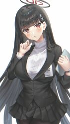 Rule 34 | 1girl, black hair, black pantyhose, black skirt, black suit, blue archive, blunt bangs, blush, breasts, choppy bangs, commentary request, cowboy shot, formal, hair ornament, hairclip, halo, hand up, highres, holding, large breasts, long sleeves, looking at viewer, microskirt, oshage (osyage921), pantyhose, parted lips, red eyes, ribbed sweater, rio (blue archive), simple background, skirt, solo, suit, sweater, turtleneck, turtleneck sweater, watch, white background, white sweater, wristwatch