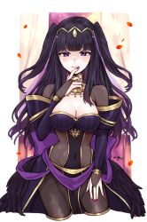 Rule 34 | black hair, blush, bodystocking, breasts, cleavage, covered navel, dress, falling petals, finger to mouth, fingernails, fire emblem, fire emblem awakening, fire emblem heroes, gold trim, highres, jewelry, light smile, long hair, looking at viewer, medium breasts, misato hao, nail polish, navel, nintendo, official alternate costume, petals, purple eyes, red nails, smile, tharja (bridal) (fire emblem), tharja (fire emblem), tiara, twintails, wedding dress