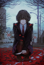 Rule 34 | 1girl, androgynous, bare tree, black eyes, black hair, black pantyhose, city, curly hair, highres, holding, holding knife, hood, hooded jacket, jacket, kaoming, knife, loafers, looking at viewer, necktie, original, outdoors, pantyhose, petals, pleated skirt, shoes, short hair, skirt, solo, squatting, tree, utility pole
