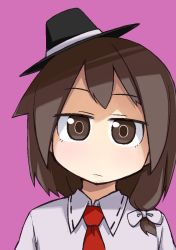 Rule 34 | 1girl, bad id, bad pixiv id, brown eyes, brown hair, expressionless, female focus, hair ribbon, hat, nanatsume, necktie, portrait, ribbon, simple background, solo, touhou, usami renko