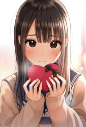 Rule 34 | 1girl, bandaid, bandaid on hand, black bow, black hair, blue sailor collar, blush, bow, box, brown eyes, brown sweater, closed mouth, commentary request, fingernails, gift, gift box, hands up, heart-shaped box, highres, holding, holding gift, kentaurosu, long sleeves, looking at viewer, nail polish, original, pink nails, sailor collar, school uniform, serafuku, sleeves past wrists, solo, sweater, upper body, valentine, white neckwear