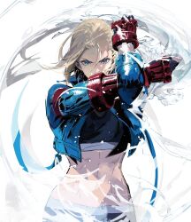 Rule 34 | 1girl, abs, armored gloves, blonde hair, blue eyes, blue jacket, cammy white, cofffee, cropped jacket, fingerless gloves, gloves, jacket, midriff, red gloves, short hair, solo, sports bra, street fighter, street fighter 6, white background