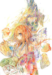 Rule 34 | 1girl, absurdres, black eyes, glance, gloves, hair ribbon, highres, kazuka, long hair, looking at viewer, orange hair, original, painting (medium), plant, potted plant, ribbon, solo, traditional media, watercolor (medium), white background, white gloves