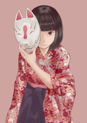 Rule 34 | 1girl, absurdres, black eyes, black hair, blunt bangs, covering face, covering one eye, fox mask, hakama, hakama skirt, hand up, highres, holding, holding mask, inari (syuro syuro), japanese clothes, kimono, looking at viewer, mask, md5 mismatch, original, resolution mismatch, simple background, skirt, smile, solo, source smaller, wide sleeves
