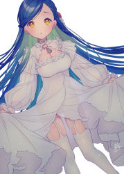 Rule 34 | 1girl, blue hair, blush, braid, breasts, cleavage, dress, dutch angle, female focus, floating hair, flower, french braid, front slit, garter straps, gradient hair, green hair, hair flower, hair ornament, honzuki no gekokujou, long hair, long sleeves, looking at viewer, myne (honzuki no gekokujou), medium breasts, multicolored hair, open mouth, red flower, rinndouk, see-through, simple background, solo, standing, swept bangs, thighhighs, very long hair, white background, white dress, white thighhighs, yellow eyes