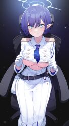 Rule 34 | 1girl, aoi (blue archive), blue archive, blue hair, blue necktie, breasts, clothes lift, collared jacket, cropped jacket, ddangbi, earclip, epaulettes, gloves, grey eyes, highres, holster, jacket, jacket lift, large breasts, lifting own clothes, long skirt, mole, mole under eye, necktie, pointy ears, short hair, skirt, sweat, underboob, white gloves, white jacket