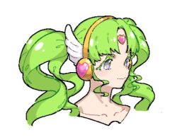 Rule 34 | 1girl, closed mouth, collarbone, colored eyelashes, curly hair, falulu, forehead jewel, fugota6509, green hair, grey eyes, headphones, heart, long hair, lowres, parted bangs, portrait, pretty series, pripara, sidelocks, simple background, smile, solo, twintails, white background, wing hair ornament