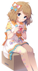 Rule 34 | 1girl, ahoge, bendy straw, blue bow, blue eyes, blush, bow, box, bracelet, brown hair, brown thighhighs, cardboard box, closed mouth, collarbone, commentary request, dress, drinking, drinking straw, feet out of frame, frilled dress, frills, hair bow, hair ornament, highres, holding, idolmaster, idolmaster million live!, jewelry, kagami (galgamesion), looking at viewer, on box, orange bow, orange sailor collar, puffy short sleeves, puffy sleeves, revision, sailor collar, sailor dress, short sleeves, sitting, solo, star (symbol), star hair ornament, suou momoko, thighhighs, white dress