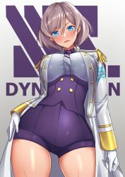Rule 34 | 1girl, absurdres, blouse, blue eyes, blush, breasts, brown hair, copyright name, corset, frown, gloves, gridman universe, hand on own hip, highres, jacket, large breasts, looking at viewer, military jacket, mr2d, mujina, necktie, purple corset, purple shorts, shiny skin, shirt, short hair, short necktie, shorts, skindentation, solo, ssss.dynazenon, ssss.gridman, standing, sweat, thighs, white gloves, white jacket, white shirt