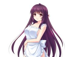 Rule 34 | 1girl, akagi rio, apron, bare arms, blush, braid, breasts, cowboy shot, eyebrows, game cg, kasumi yuna, large breasts, legs, long hair, looking at viewer, naked apron, purple hair, red eyes, simple background, smile, solo, standing, tanetsuke kyoushitsu, thighs, white background