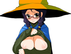 Rule 34 | 1girl, black mage (final fantasy), blue hair, blush, braid, breast hold, breasts, clothes lift, final fantasy, glasses, hat, itou life, shirt lift, solo, twin braids, witch hat
