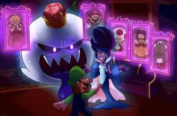 dress ghost hat hellen_gravely hotel king_boo luigi luigi&#039;s_mansion luigi&#039;s_mansion_3 mario mario_(series) nintendo overalls potrait princess_daisy princess_peach scared scary_face shirt toad_(mario) trapped yoshi