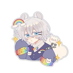 Rule 34 | 1boy, animal ears, artist name, bad bcy id, bad id, bear brooch, bear ears, blue eyes, blue jacket, buttons, cloud, cropped torso, grey hair, hair between eyes, hair ornament, hairclip, he ming, highres, jacket, light blush, long sleeves, male focus, multicolored bowtie, original, outline, parted lips, rainbow, rainbow bowtie, shirt, short hair, simple background, sleeves past fingers, sleeves past wrists, solo, sparkle, turtleneck, turtleneck shirt, white background, white outline, white shirt