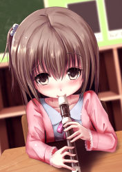 Rule 34 | 1girl, bad id, bad nicoseiga id, beads, blurry, blurry background, blush, brown eyes, brown hair, chair, child, classroom, collarbone, depth of field, desk, dutch angle, flute, hair beads, hair between eyes, hair ornament, highres, holding flute, holding instrument, indoors, instrument, looking at viewer, matching hair/eyes, missile228, music, one side up, original, petite, playing instrument, recorder, school, school uniform, sexually suggestive, solo