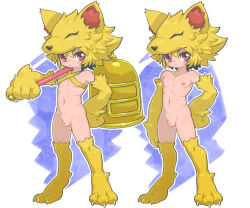 1boy animal_ears animal_feet animal_hands bell blonde_hair blue_background blush commentary completely_nude fox_boy fox_ears full_body genderswap genderswap_(ftm) hair_between_eyes highres holding holding_staff kuro_(kurojill) looking_at_viewer male_focus moonlight_flower multiple_views navel nipples nude open_mouth penis ragnarok_online red_eyes short_hair staff standing testicles uncensored white_background