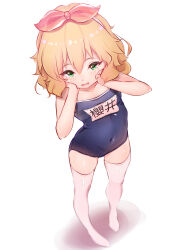 Rule 34 | 1girl, absurdres, blonde hair, blue one-piece swimsuit, blush, collarbone, commentary request, covered navel, flat chest, full body, green eyes, hands on own cheeks, hands on own face, highres, idolmaster, idolmaster cinderella girls, kyou (kyo u), looking ahead, name tag, one-piece swimsuit, sakurai momoka, school swimsuit, solo, swimsuit, thighhighs, white thighhighs