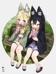 Rule 34 | 2girls, ^^^, animal ear fluff, animal ears, bench, bike shorts, black footwear, black hair, black shorts, blonde hair, blue eyes, blunt bangs, blush, brown kimono, chromatic aberration, commentary request, crepe, eating, food, fox ears, fruit, green eyes, highres, holding, holding food, japanese clothes, kimono, kuro-chan (kuro kosyou), kuro kosyou, long hair, long sleeves, multiple girls, obi, on bench, open clothes, open mouth, original, park bench, purple kimono, sandals, sash, short eyebrows, short shorts, shorts, sitting, strawberry, sweat, thick eyebrows, v-shaped eyebrows, very long hair, wide sleeves, yui (kuro kosyou), zouri