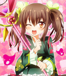 Rule 34 | 1girl, ;d, argyle, argyle background, argyle clothes, brown eyes, brown hair, finger to mouth, flower knight girl, frills, heart, highres, japanese clothes, kimono, long hair, looking at viewer, masako (sabotage-mode), nishikigi (flower knight girl), one eye closed, open mouth, pink background, sidelocks, smile, solo, staff, twintails