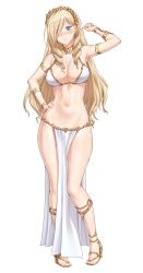 Rule 34 | 1girl, bikini, blonde hair, blue eyes, breasts, celia kumani entory, closed mouth, drill hair, eyes visible through hair, full body, hair over one eye, hand on own hip, hand up, highres, large breasts, loincloth, long hair, navel, pelvic curtain, sarhce, simple background, smile, solo, standing, swimsuit, twin drills, walkure romanze, white background, white bikini