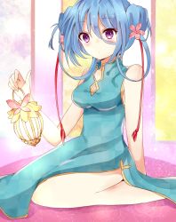 Rule 34 | 1girl, arm support, bare shoulders, blue dress, blue hair, breasts, china dress, chinese clothes, cleavage cutout, clothing cutout, double bun, dress, hair between eyes, holding, impossible clothes, lantern, long hair, looking away, maki soutoki, original, purple eyes, seiza, side slit, sitting, solo
